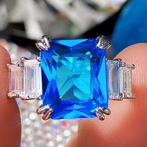 💞925 Silver Plated Iced Out CZ Blue Crystal Wedding Ring, MARR9449